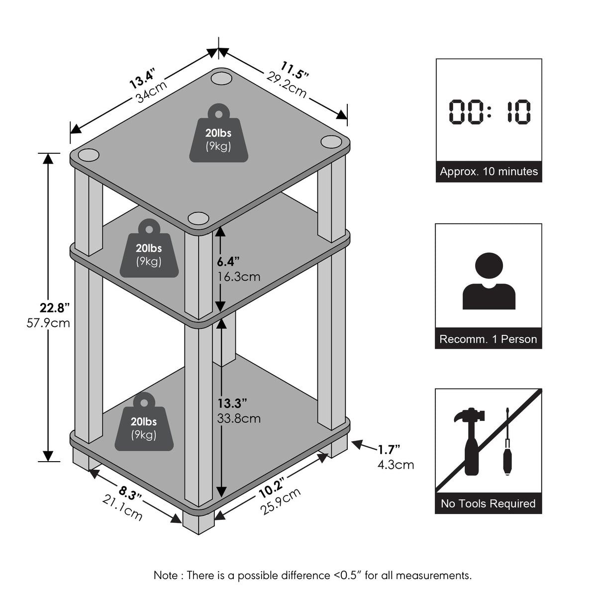 Furinno JUST 3-Tier Toolless Night Stand, Open Shelf, Amber Pine