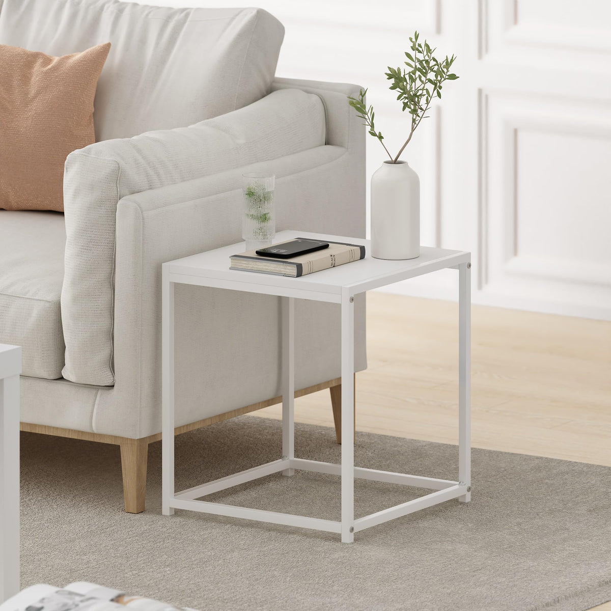 Furinno CAMNUS Side Table, Modern End Table with Metal Frame, Square Open Design Night Stand, Bedside Table, Easy Assembly, for Living Room, Bedroom, Solid White